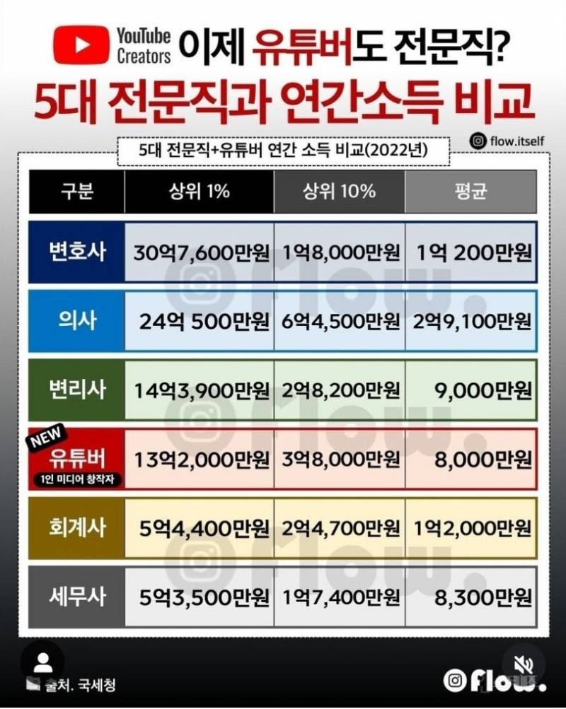 5대 전문직 사이에서도 안꿀리는 유튜버 수입. jpg | 인스티즈