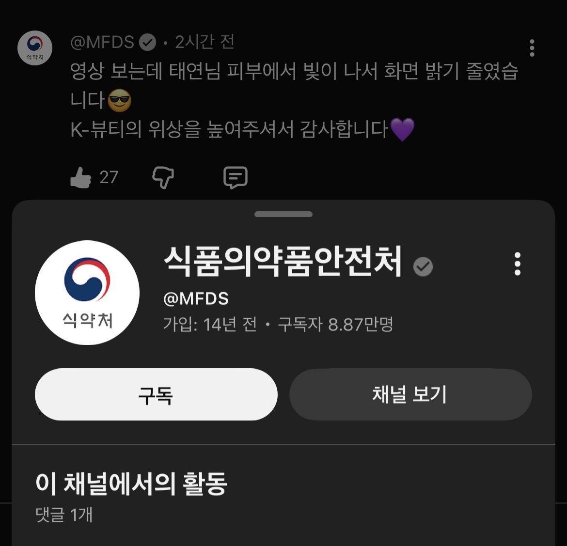 [정보/소식] 태연 유튜브에 댓글달고 간 식약처 | 인스티즈