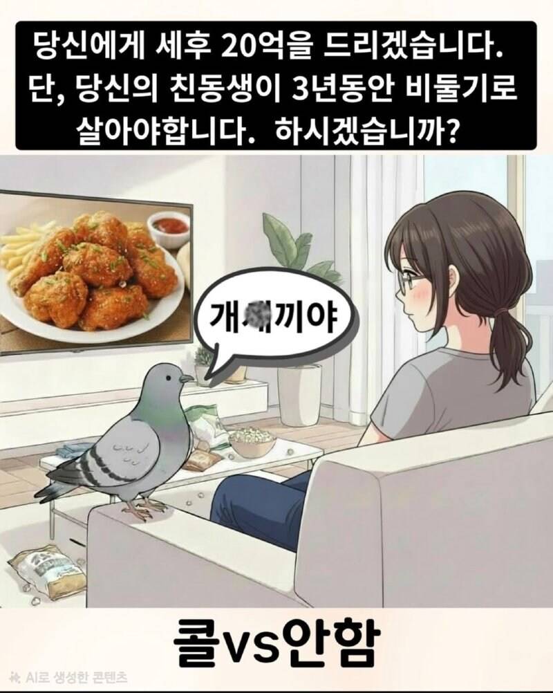 [잡담] 당신에게 세후 20억을 드리겠습니다. 단, 당신의 친동생이 3년동안 비둘기로 살아야합니다. 하시겠습니까?(비둘기좌 아님) | 인스티즈