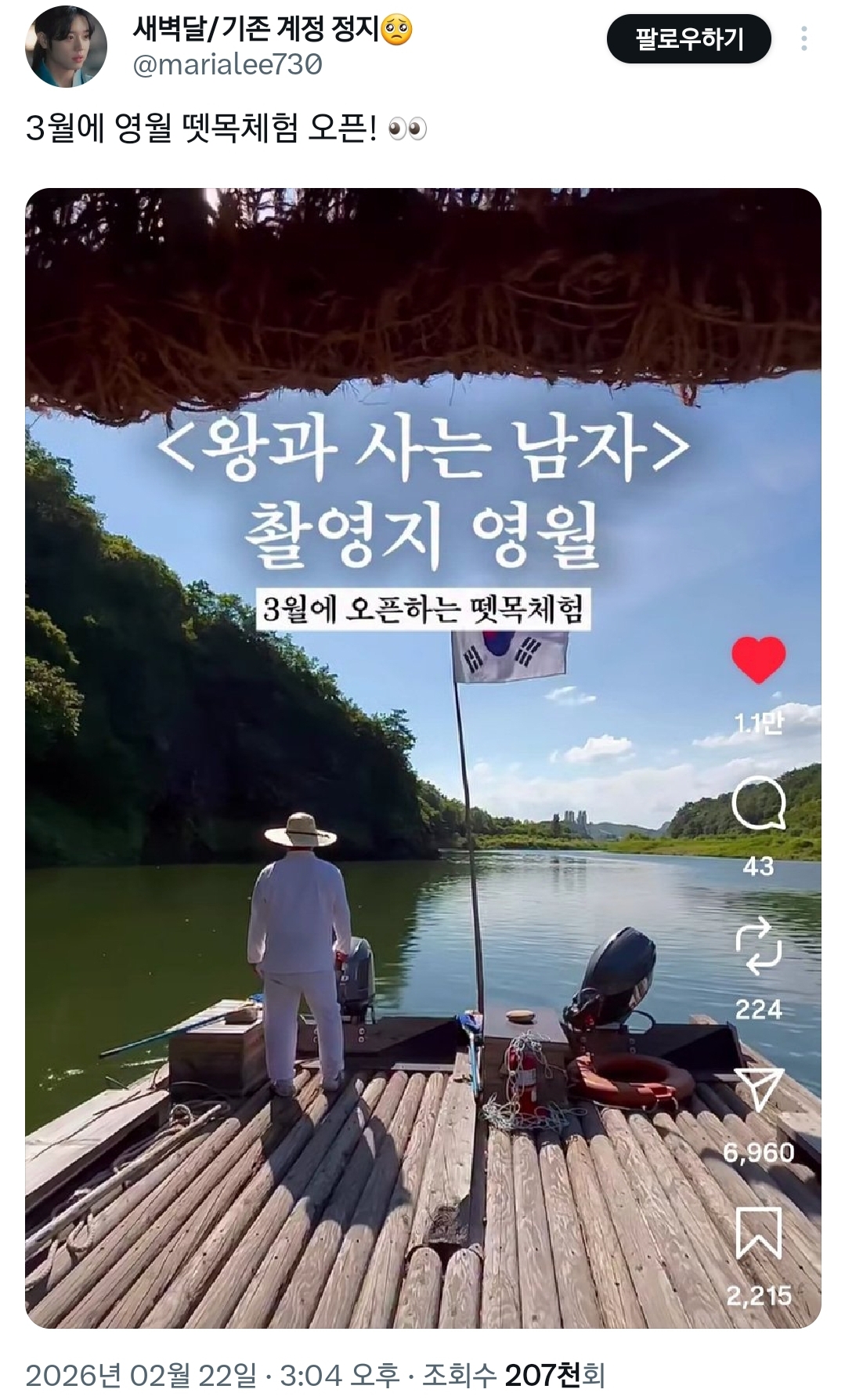왕과사는남자 흥행에 노 젓는 영월 '뗏목 체험' 오픈.twt | 인스티즈