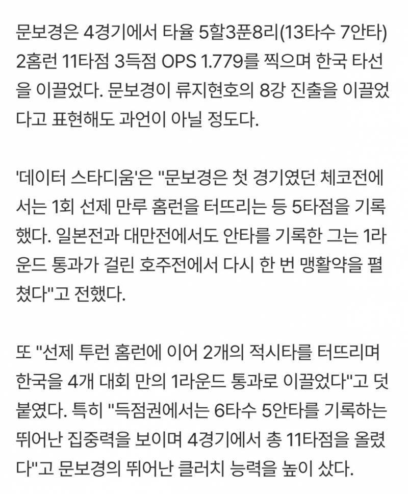 [정보/소식] 'ERA 0.00' 노경은·'11타점' 문보경, WBC C조 예선 베스트 나인 선정 | 인스티즈