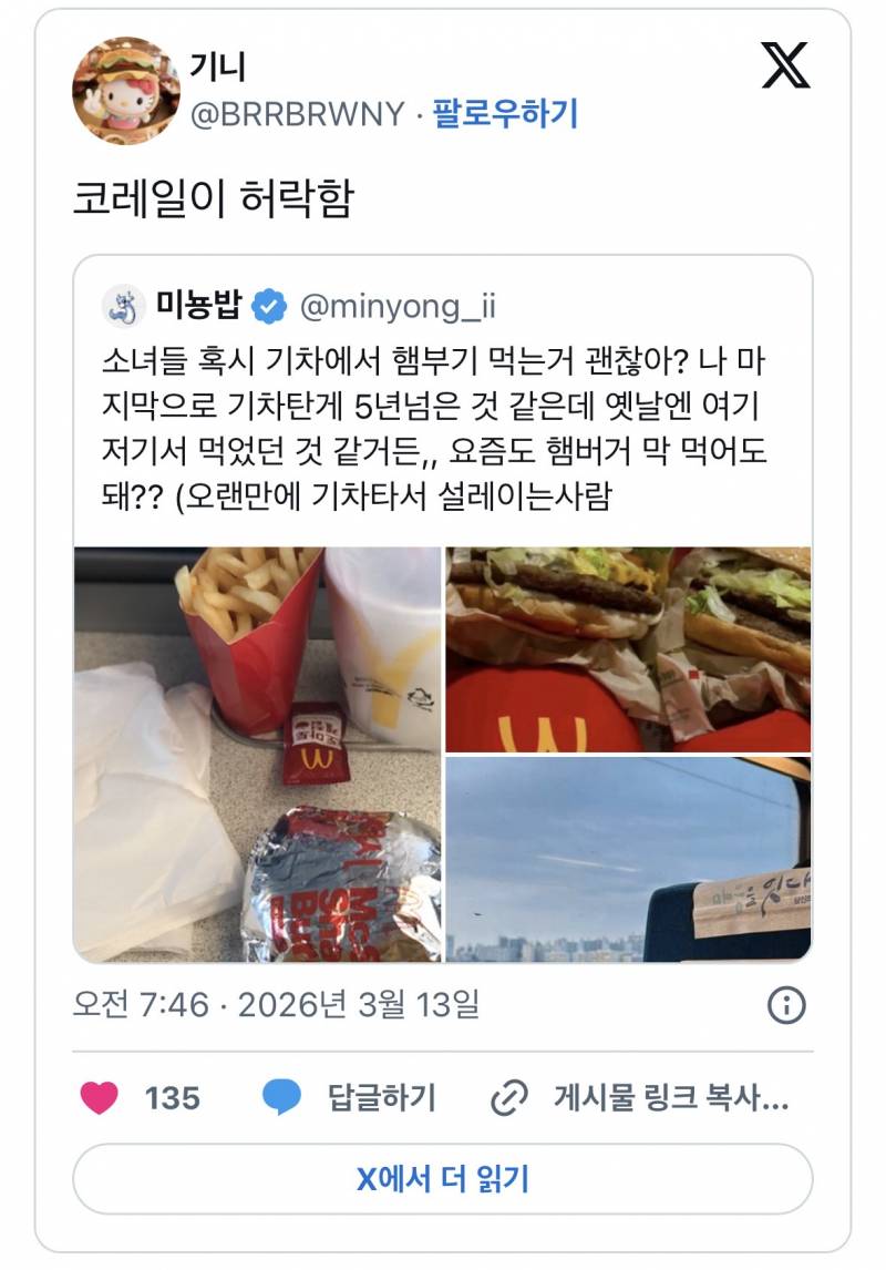 현재 𝙅𝙊𝙉𝙉𝘼 맞고있는 기차 햄버거 민폐 논란..JPG | 인스티즈