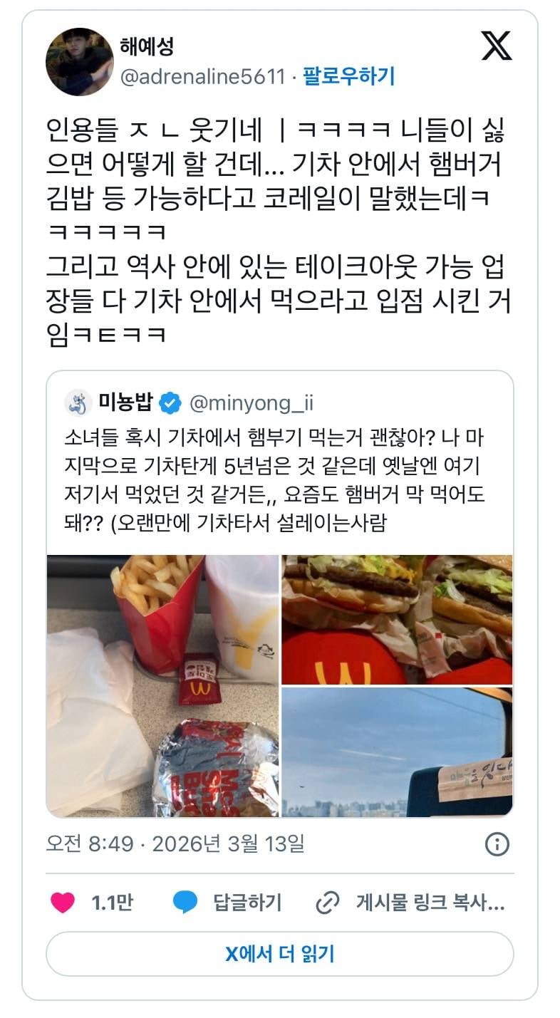 현재 𝙅𝙊𝙉𝙉𝘼 맞고있는 기차 햄버거 민폐 논란..JPG | 인스티즈