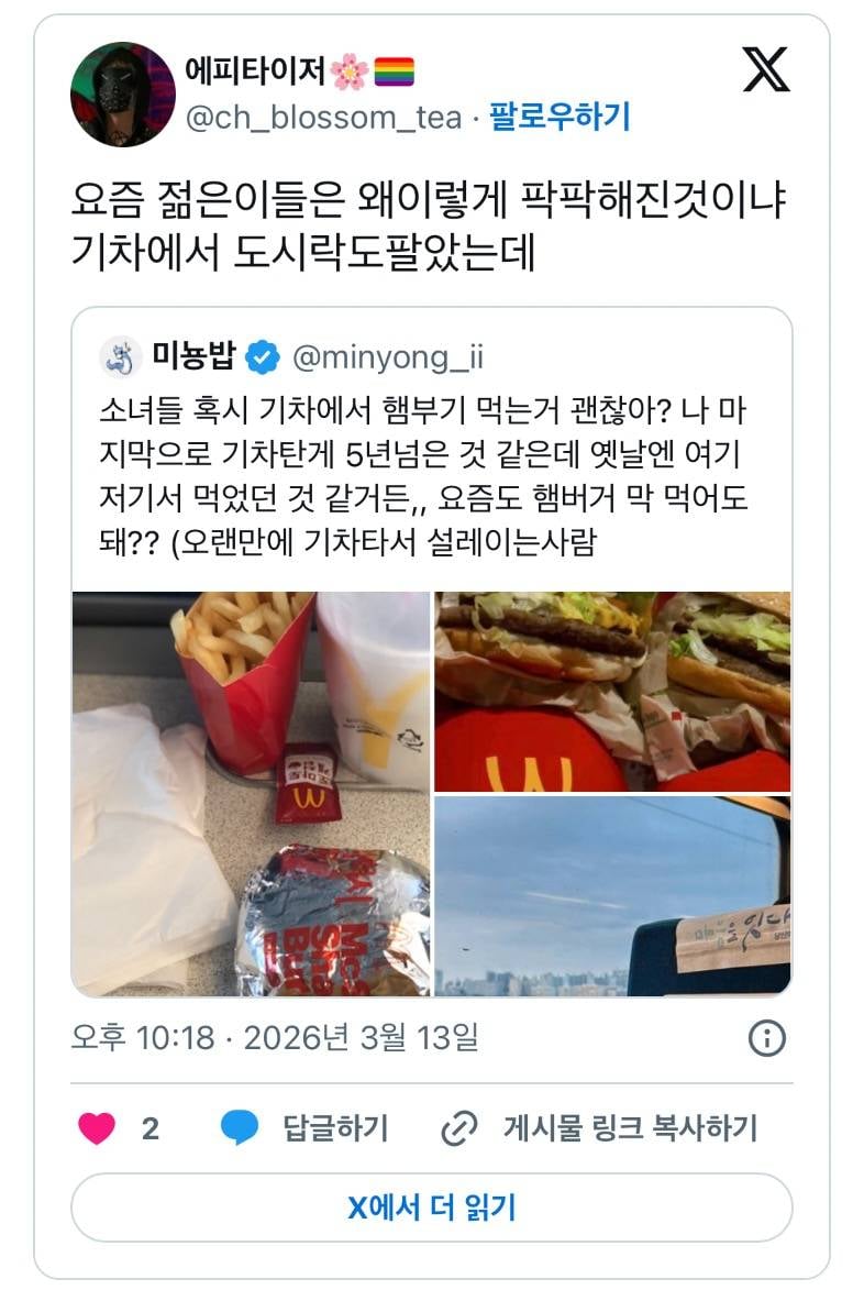 현재 𝙅𝙊𝙉𝙉𝘼 맞고있는 기차 햄버거 민폐 논란..JPG | 인스티즈