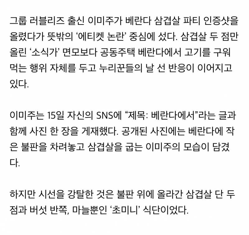 이미주, 삼겹살 두점 굽다 베란다 취사 민폐 갑론을박 | 인스티즈