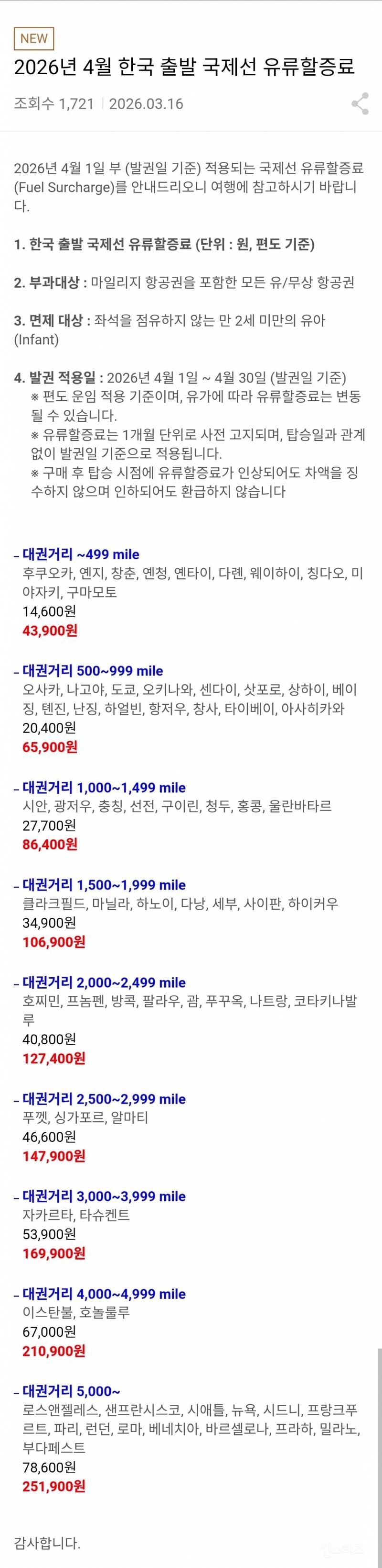4월부터 적용되는 국제선 유류할증료 | 인스티즈