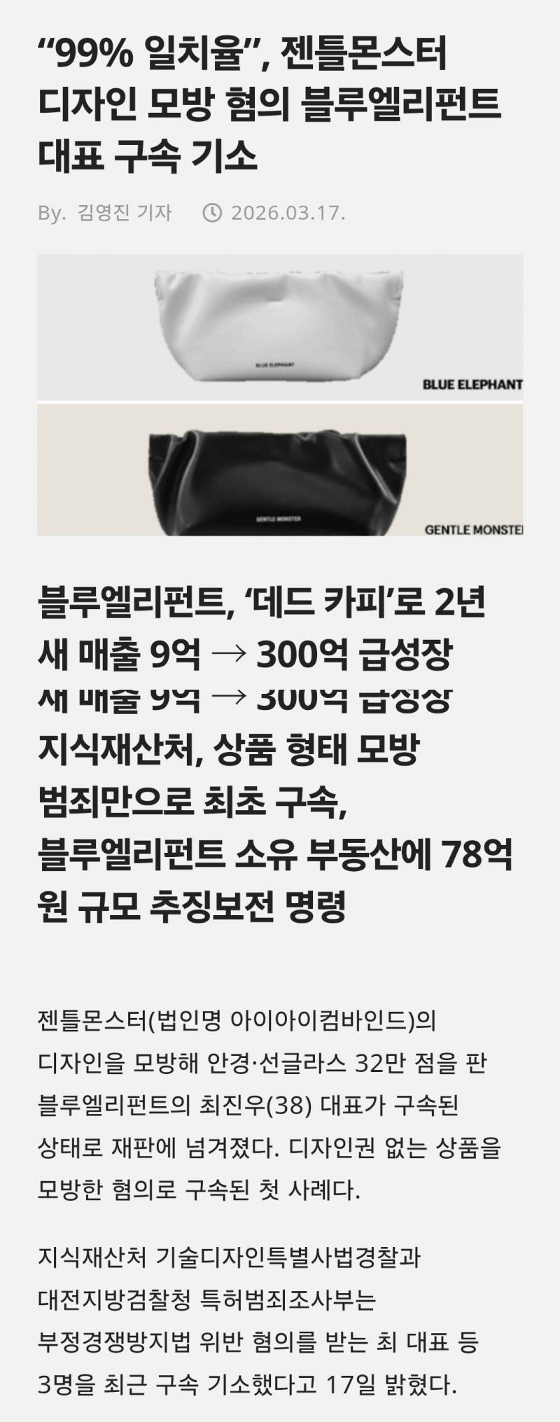"99% 일치율”, 젠틀몬스터 디자인 모방 혐의 블루엘리펀트 대표 구속 기소 | 인스티즈