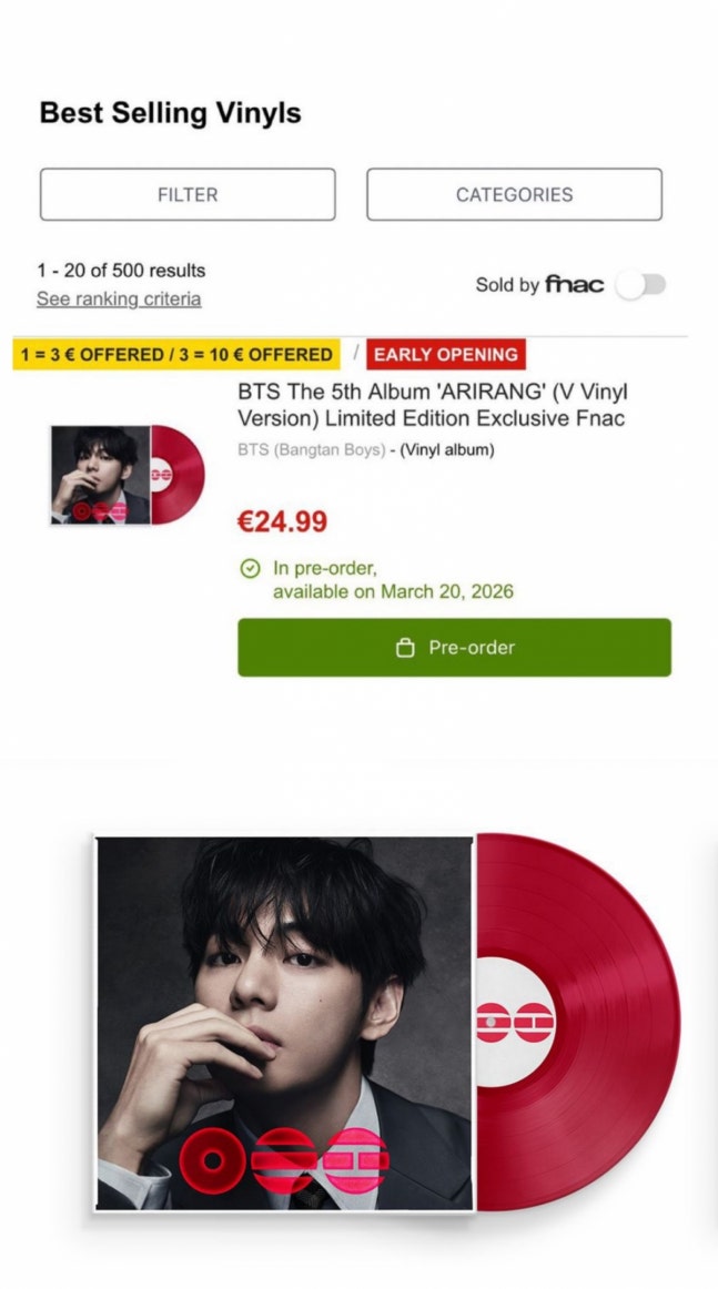 [정보/소식] '품절킹' 방탄소년단 뷔 '아리랑' VELVET RED 버전 LP..佛 프낙 베스트셀러 1위 | 인스티즈