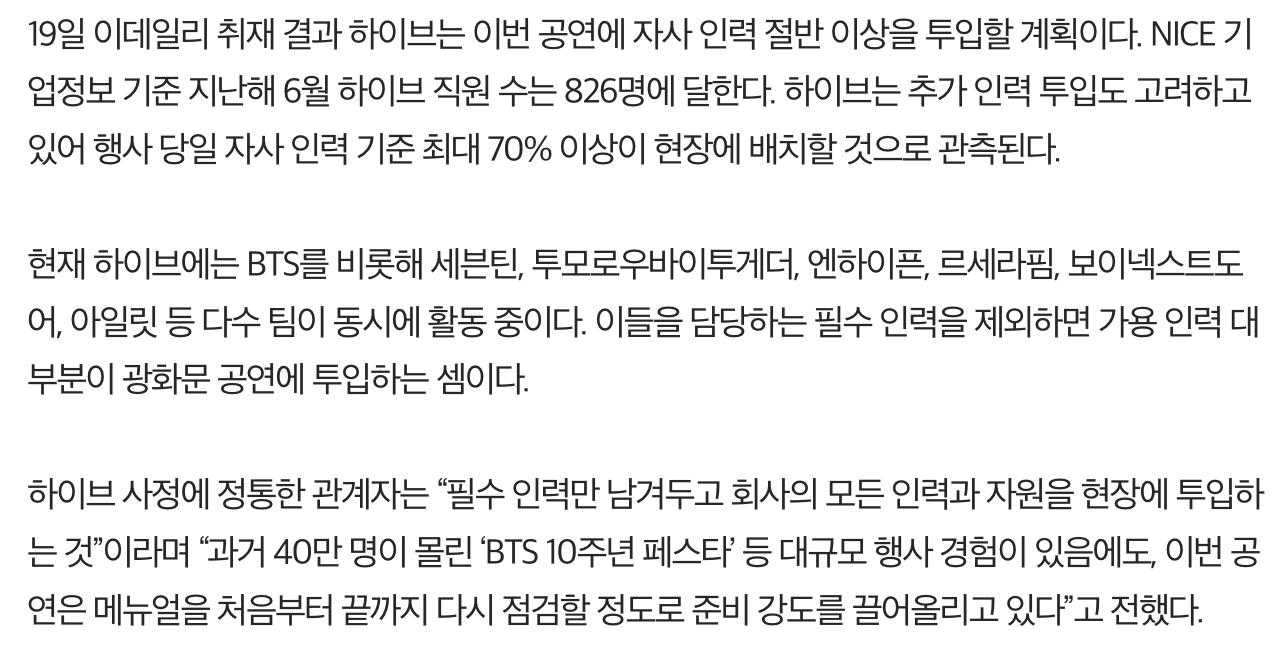 [정보/소식] 방탄소년단 공연에 필수인력 제외하고 전부 투입한다는 하이브 | 인스티즈