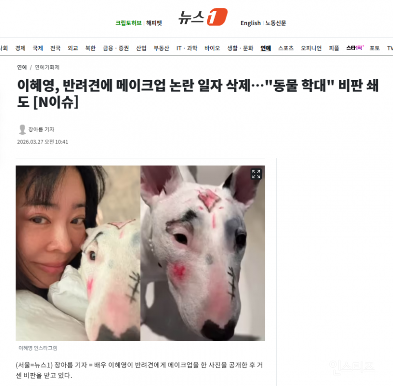 이혜영, 반려견에 메이크업 논란 일자 삭제…"동물 학대" 비판 쇄도 | 인스티즈