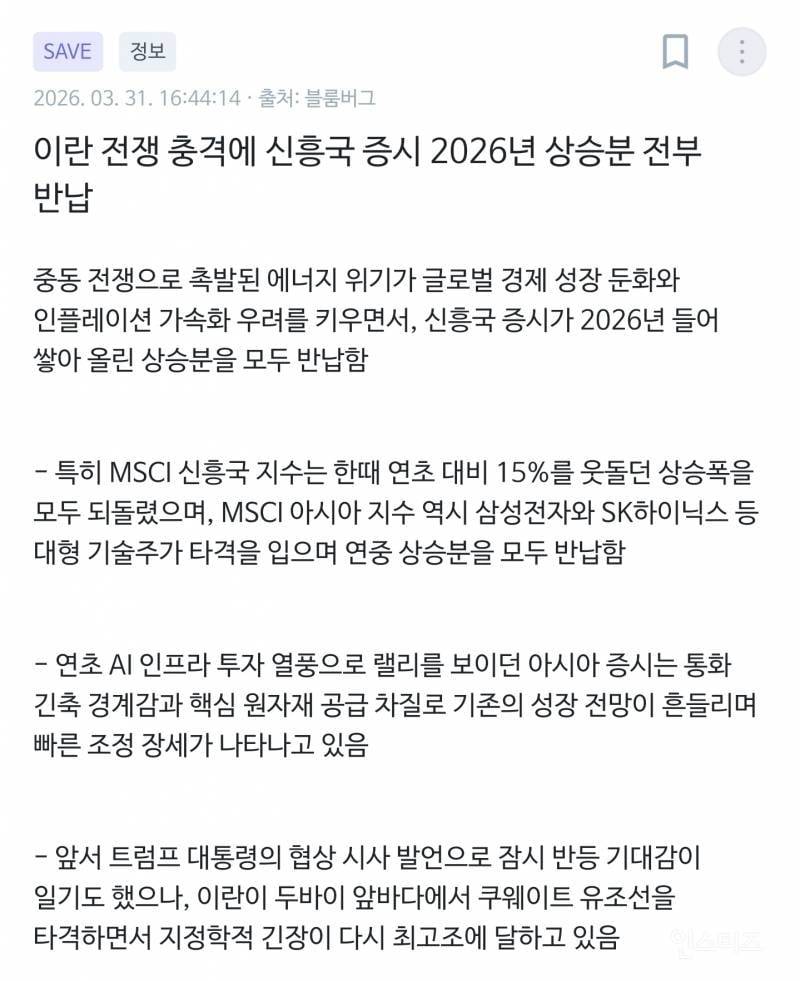 이란 전쟁 충격에 신흥국 증시 2026년 상승분 전부 반납 | 인스티즈