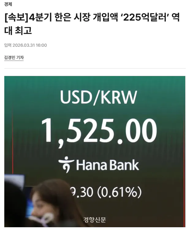 [잡담] [속보] 4분기 한은 시장 개입액 '225억달러' 역대 최고 | 인스티즈