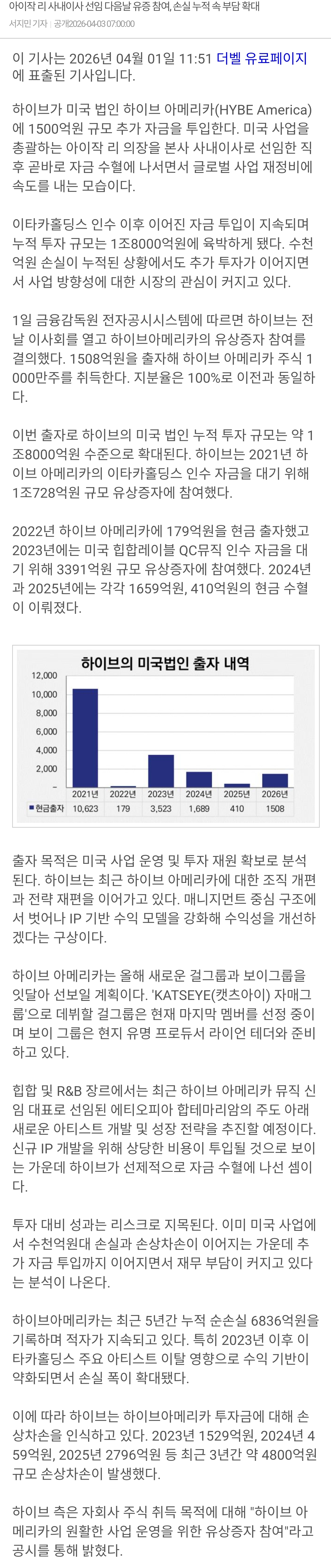 [잡담] 하이브, 미국에 1500억 수혈…누적 투자금 1.8조 육박 | 인스티즈