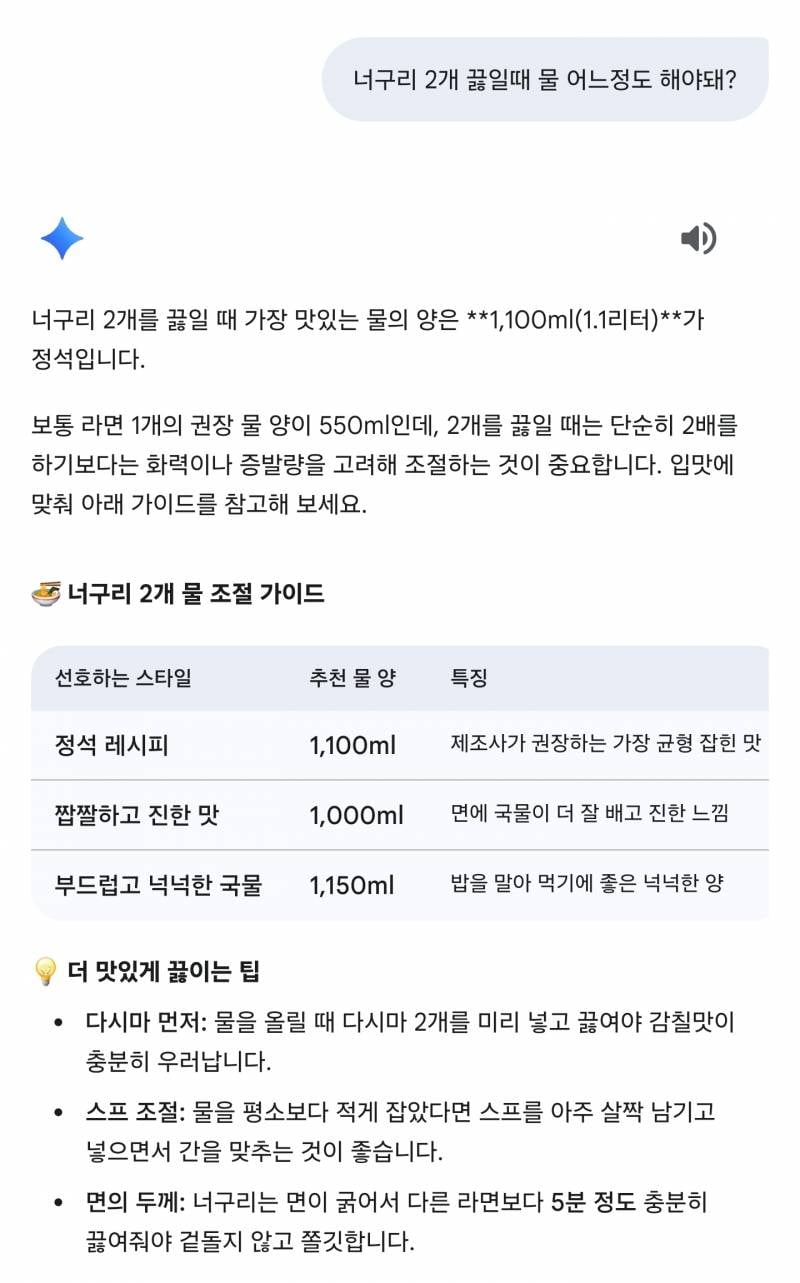 [잡담] 너구리 두개 끓일때 물 어느정도 해야하냐고 ai에게 물었다 | 인스티즈