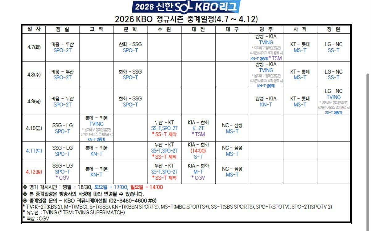 [정보/소식] 2026 KBO 정규 시즌 4.7~4.12 중계일정 | 인스티즈