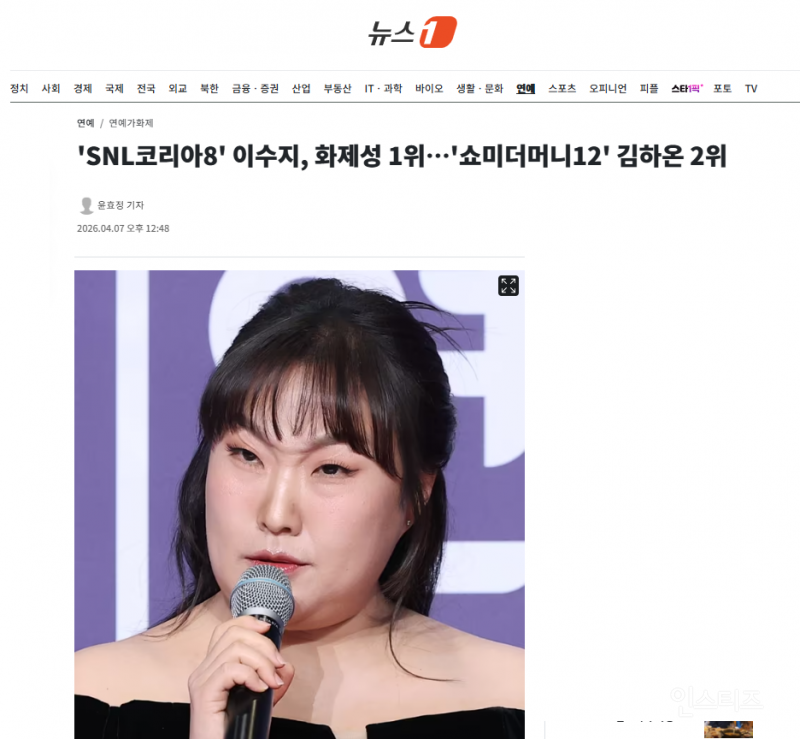 'SNL코리아8' 이수지, 화제성 1위…'쇼미더머니12' 김하온 2위 | 인스티즈