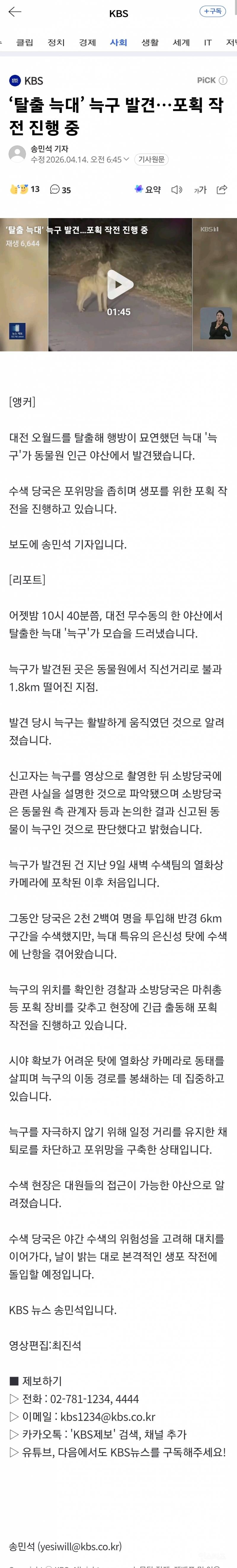 🚨'탈출 늑대' 늑구 발견…포획 작전 진행 중🚨 | 인스티즈