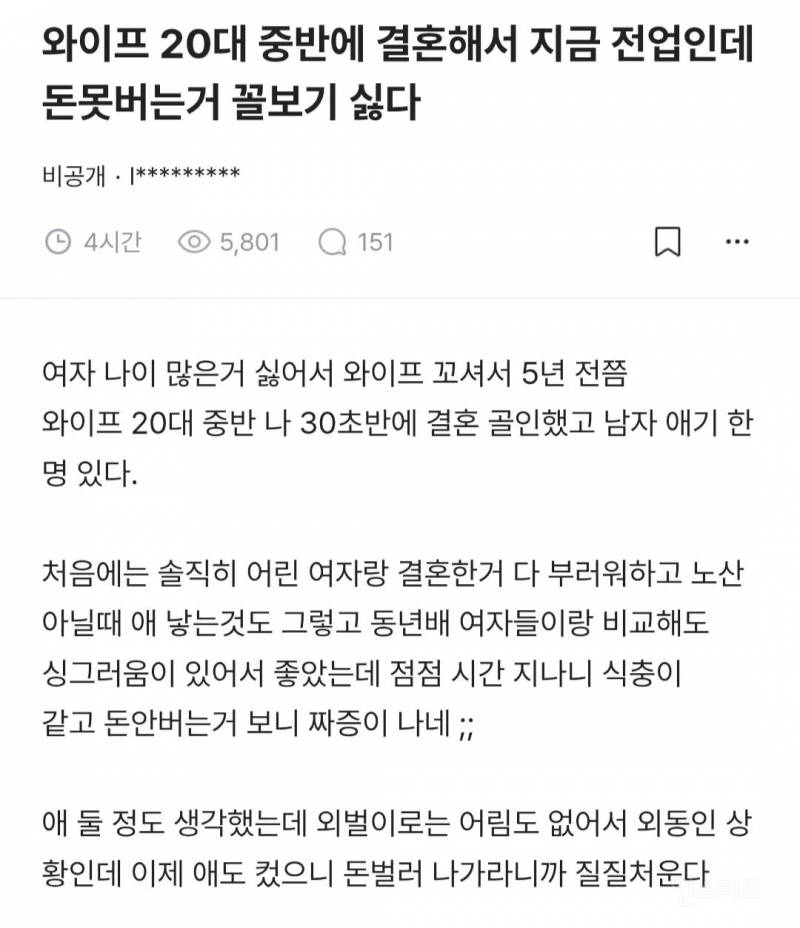 와이프 20대 중반에 결혼해서 지금 전업인데 돈 못버는 거 꼴보기 싫다 | 인스티즈