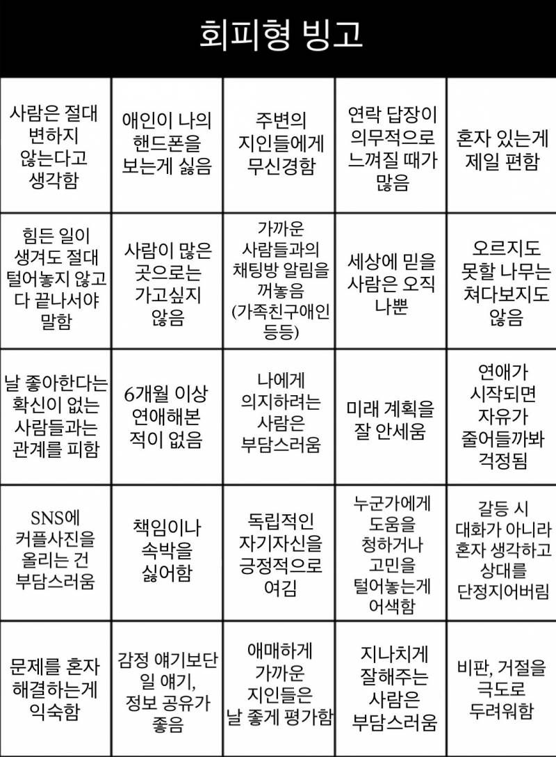[잡담] 다들 회피형 빙고 해봐 | 인스티즈