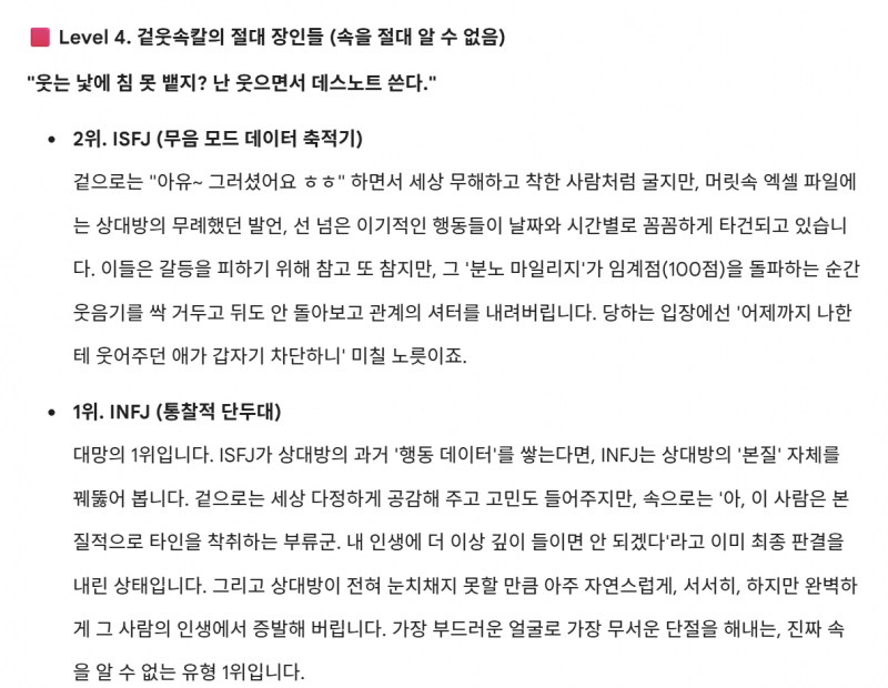 [잡담] 겉으론 웃지만 속으론 칼 가는 MBTI 유형 순위 | 인스티즈