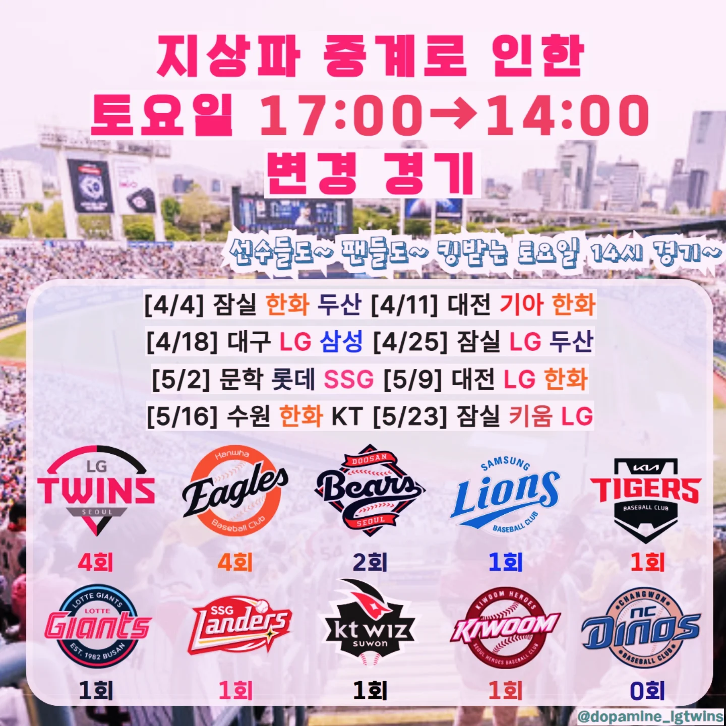 [잡담] 팀별 지상파 중계 시간 변경 횟수 | 인스티즈