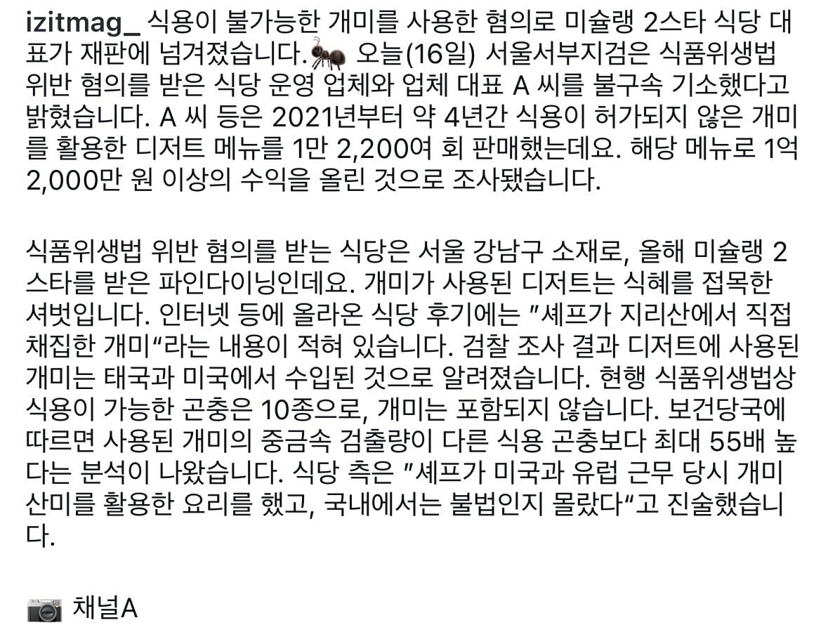 [잡담] 헐 식용 불가능한 개미 판 파인다이닝 기소됐대 | 인스티즈