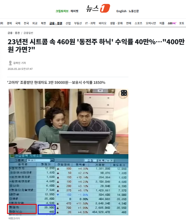 23년전 시트콤 속 460원 '동전주 하닉' 수익률 40만%…"400만원 가면?" | 인스티즈