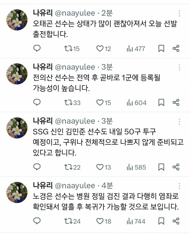 [잡담] 노경은 단순염좌/김민준 내일 50구 투구/전의산 바로 1군 예정/오태곤 많이 괜찮아짐 | 인스티즈