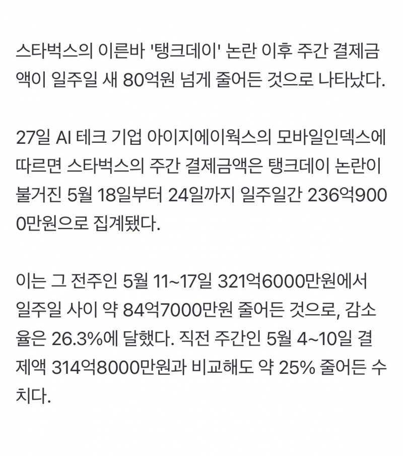 [속보] 스타벅스 일주일 사이 매출 84억 줄어…'탱크데이' 논란 여파 | 인스티즈