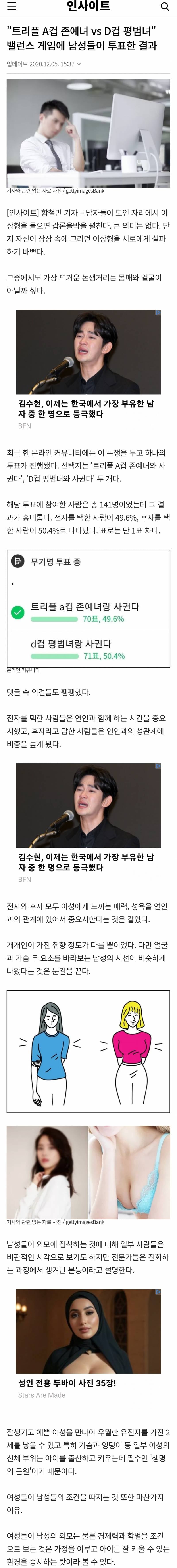 "트리플 A컵 존예녀 vs D컵 평범녀" 밸런스 게임에 남성들이 투표한 결과 | 인스티즈