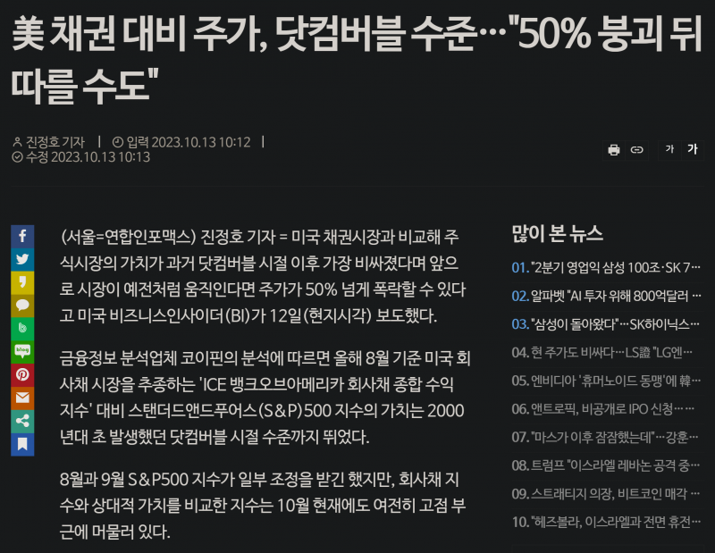 [잡담] 美 채권 대비 주가, 닷컴버블 수준…"50% 붕괴 뒤따를 수도" | 인스티즈