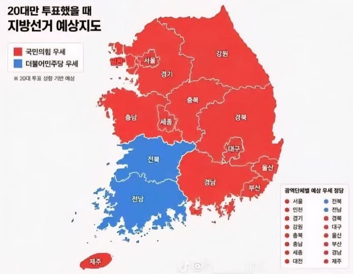 [정보/소식] 20대만 지방선거 투표했을때 예상지도 | 인스티즈