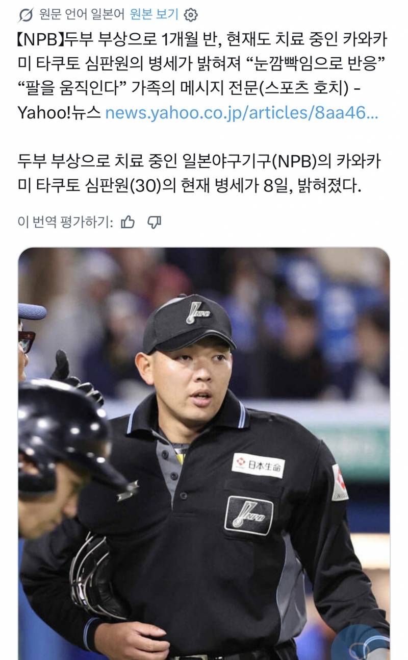 [잡담] 헐 그 일본야구에서 배트 맞으셨던 심판분 깨어나셨나봐! | 인스티즈