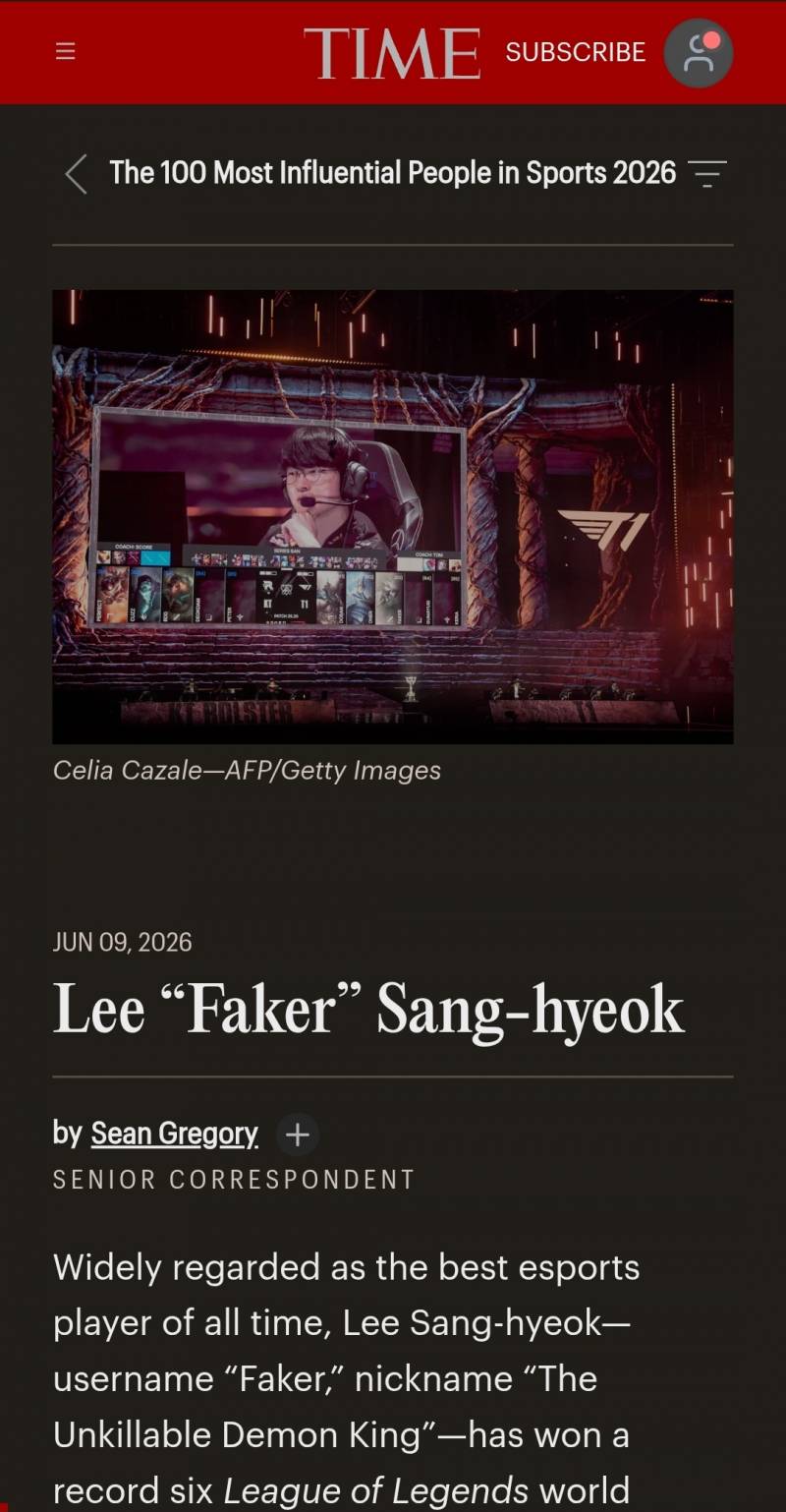 [잡담] 타임지에 선정된 페쌤!!(The 100 Most Influential People in Sports 2026 Lee "Faker” Sang-hyeok) | 인스티즈