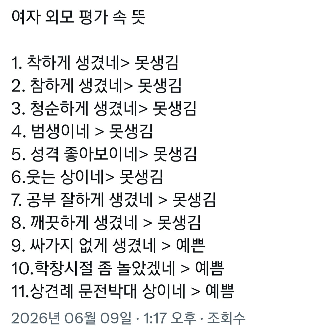 [잡담] 여자 외모 평가 속뜻이라는데 ㄹㅇ 공감안됨 | 인스티즈