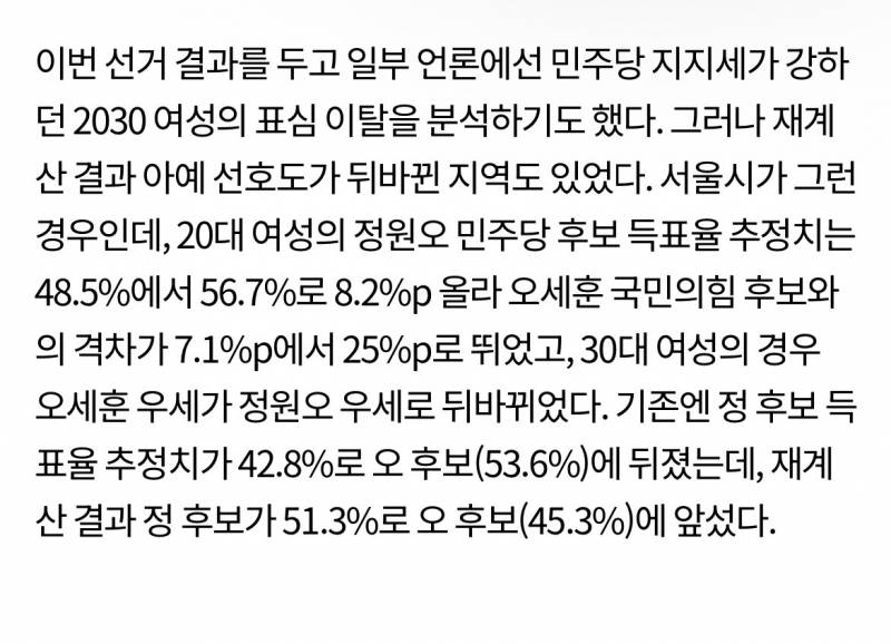 [잡담] 이번 선거 서울 2030 여자들 오세훈 우세라더니 정원오 우세였네 | 인스티즈