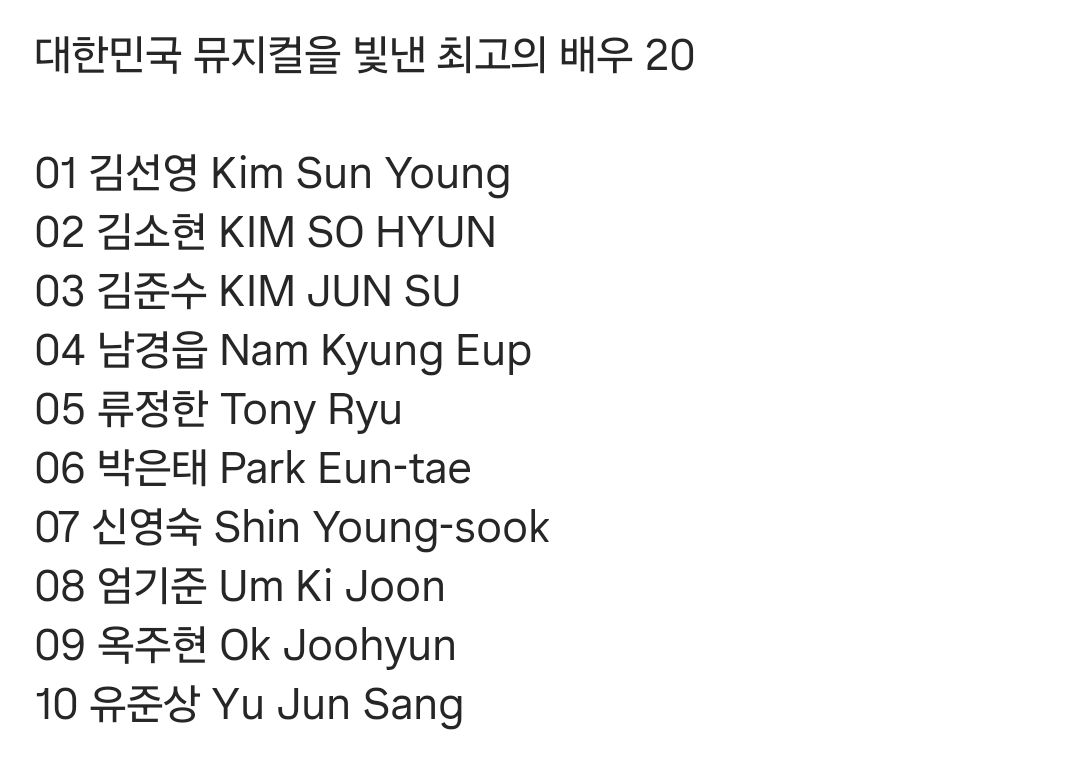 [정보/소식] 백상예술대상 선정 한국뮤지컬을 빛낸 배우 20인 | 인스티즈