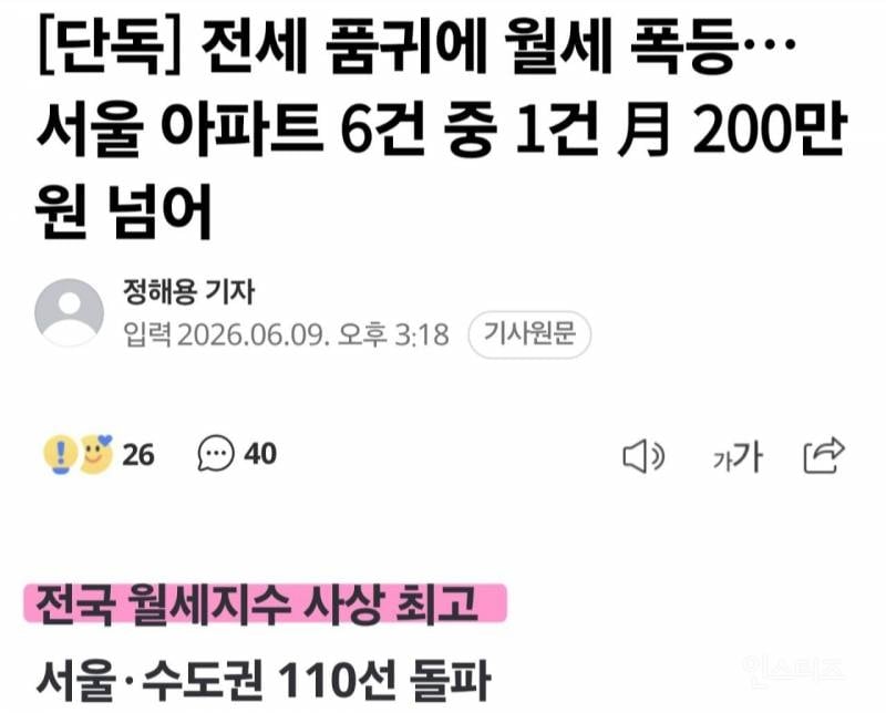 [단독] 전국 월세 폭등, 사상 최고치 기록했다 | 인스티즈