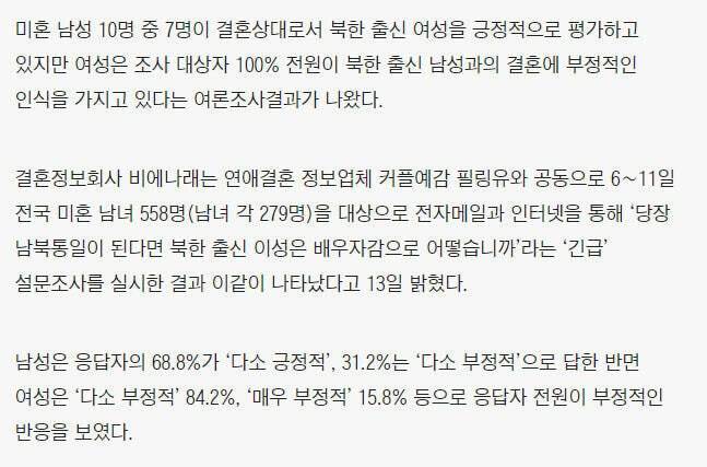 [잡담] 통일되면 북한 남자랑 결혼하려는 사람 거의없는거 진짜야? | 인스티즈