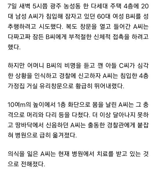 어머니뻘 여성 겁탈하던 20대 남성 4층 투신 후 중상 | 인스티즈