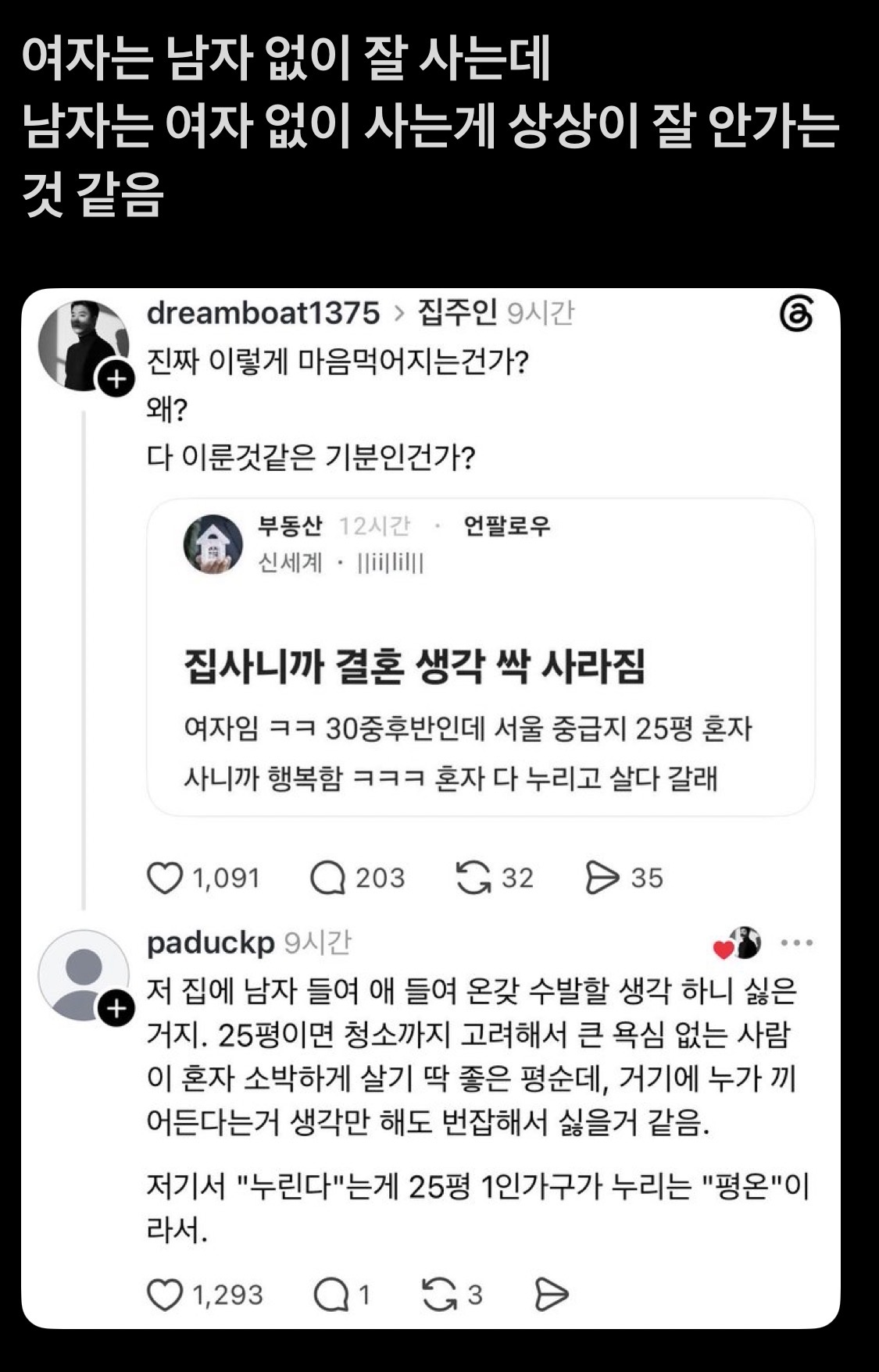 [잡담] 남자들은 여자가 남자없이 혼자 산다는걸 상상이 안가나봐 | 인스티즈