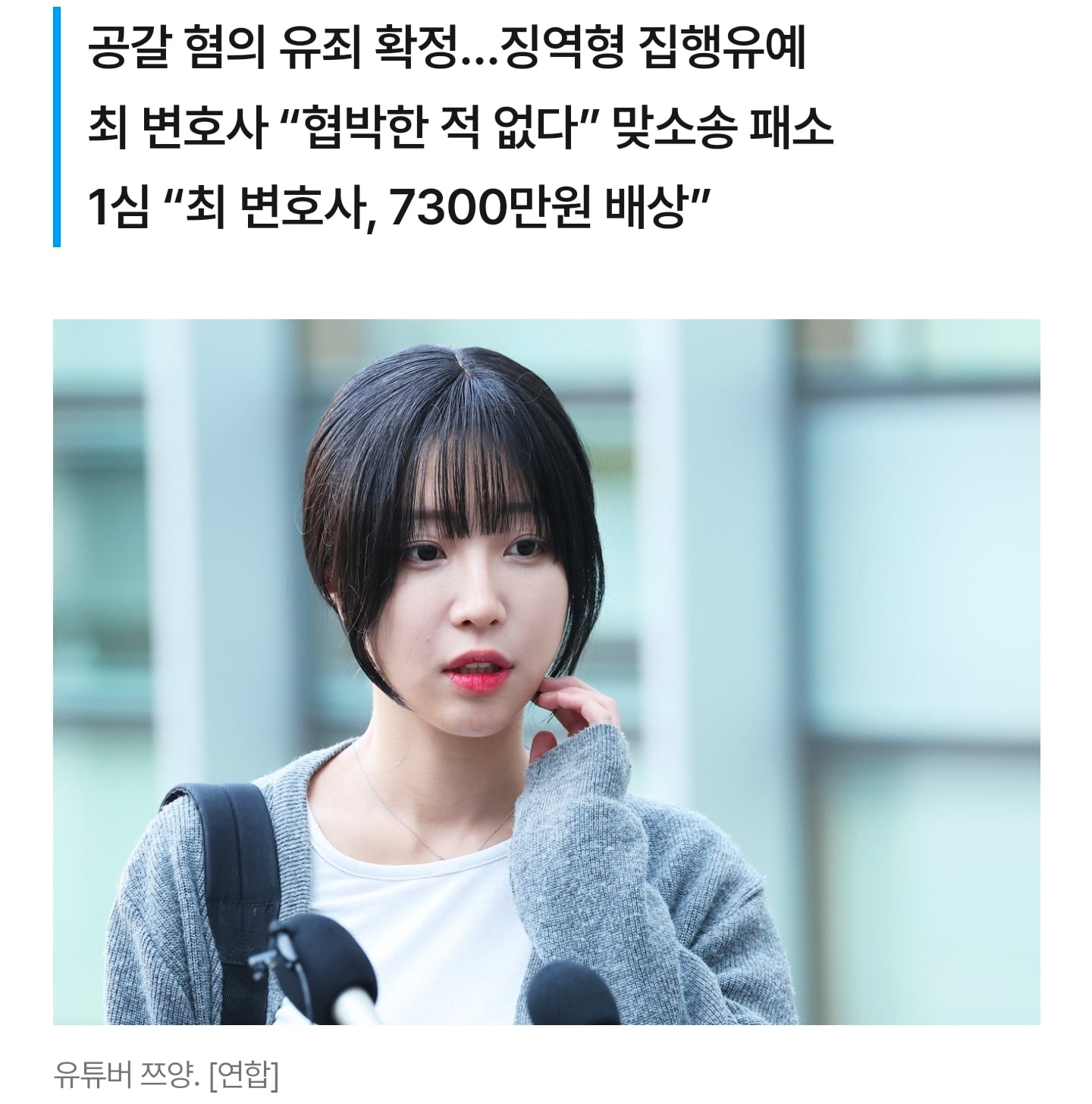 [정보/소식] [단독] '사이버렉카 피해' 쯔양 7300만원 받는다•••法 "협박 변호사, 손해배상” [세상&] | 인스티즈