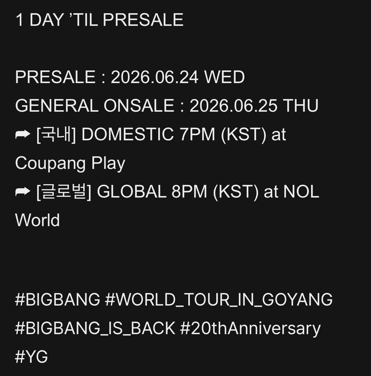[정보/소식] 빅뱅 2026 월드투어 IN 고양 1 DAY 'TIL PRESALE | 인스티즈
