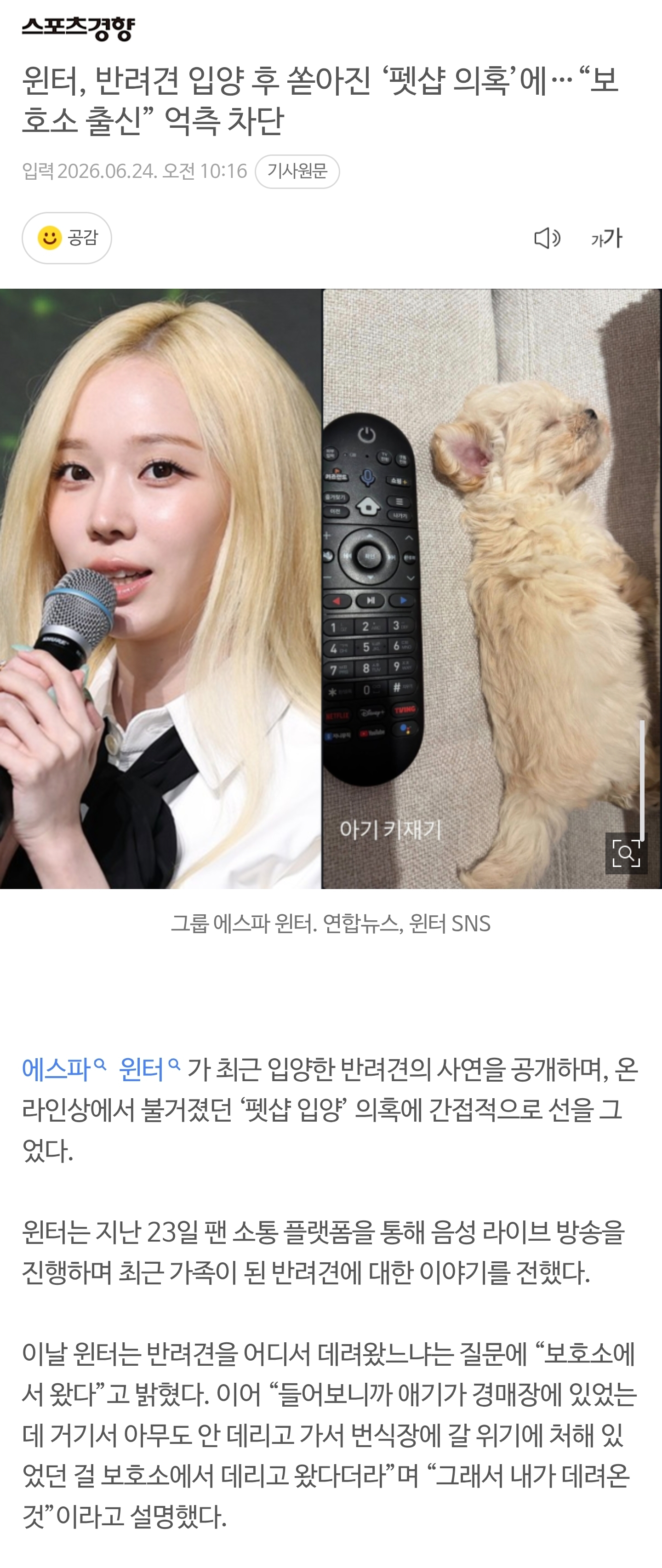 [정보/소식] 윈터, 반려견 입양 후 쏟아진 '펫샵 의혹'에…"보호소 출신” 억측 차단 | 인스티즈