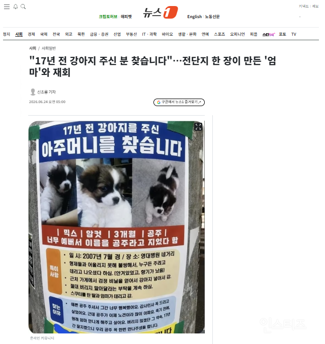 "17년 전 강아지 주신 분 찾습니다"…전단지 한 장이 만든 '엄마'와 재회 | 인스티즈