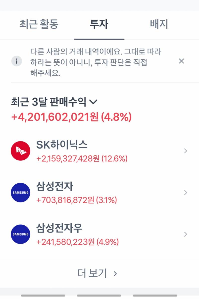 [잡담] 토스 수익 구경하는데.. 이 사람 삼전하닉 수익 너무 부럽다 | 인스티즈