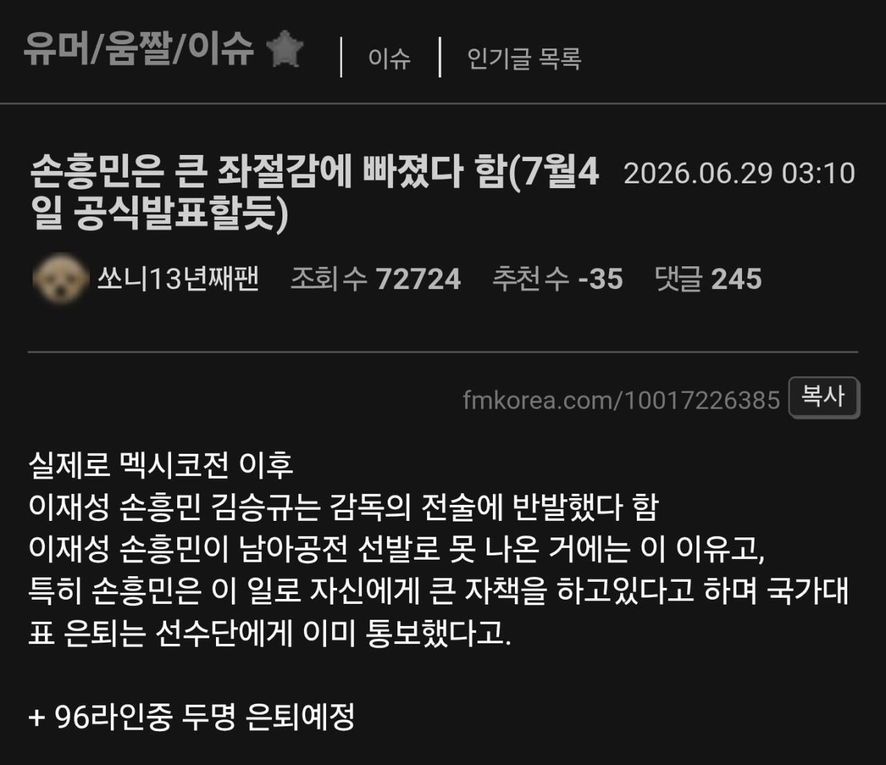[마플] 손흥밈 김민재 황인범 국가대표 은퇴 루머 | 인스티즈