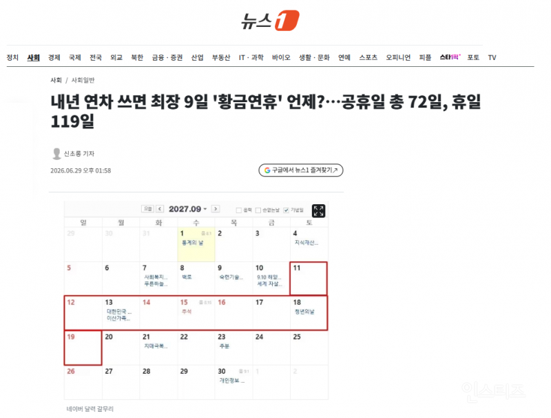 내년 연차 쓰면 최장 9일 '황금연휴' 언제?…공휴일 총 72일, 휴일 119일 | 인스티즈