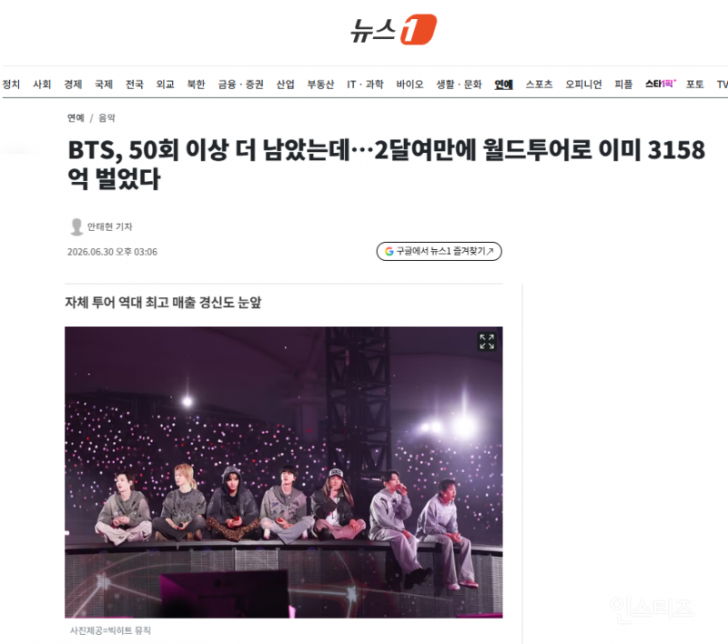 BTS, 50회 이상 더 남았는데…2달여만에 월드투어로 이미 3158억 벌었다 | 인스티즈