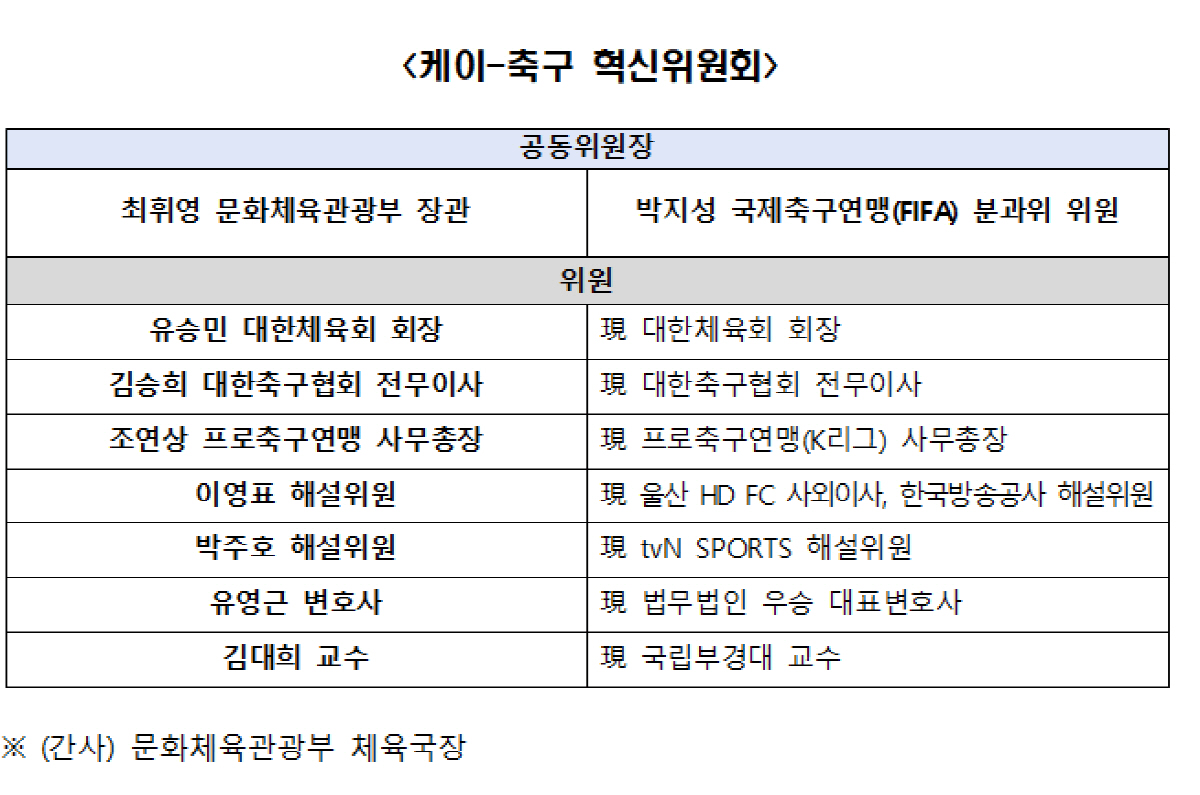 [정보/소식] [속보] 박지성-최휘영 장관 공동위원장 'K-축구 혁신위' 출범...유승민, 이영표, 박주호 참여[오피셜] | 인스티즈